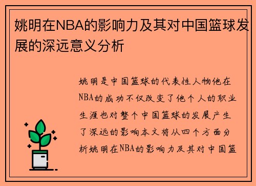姚明在NBA的影响力及其对中国篮球发展的深远意义分析